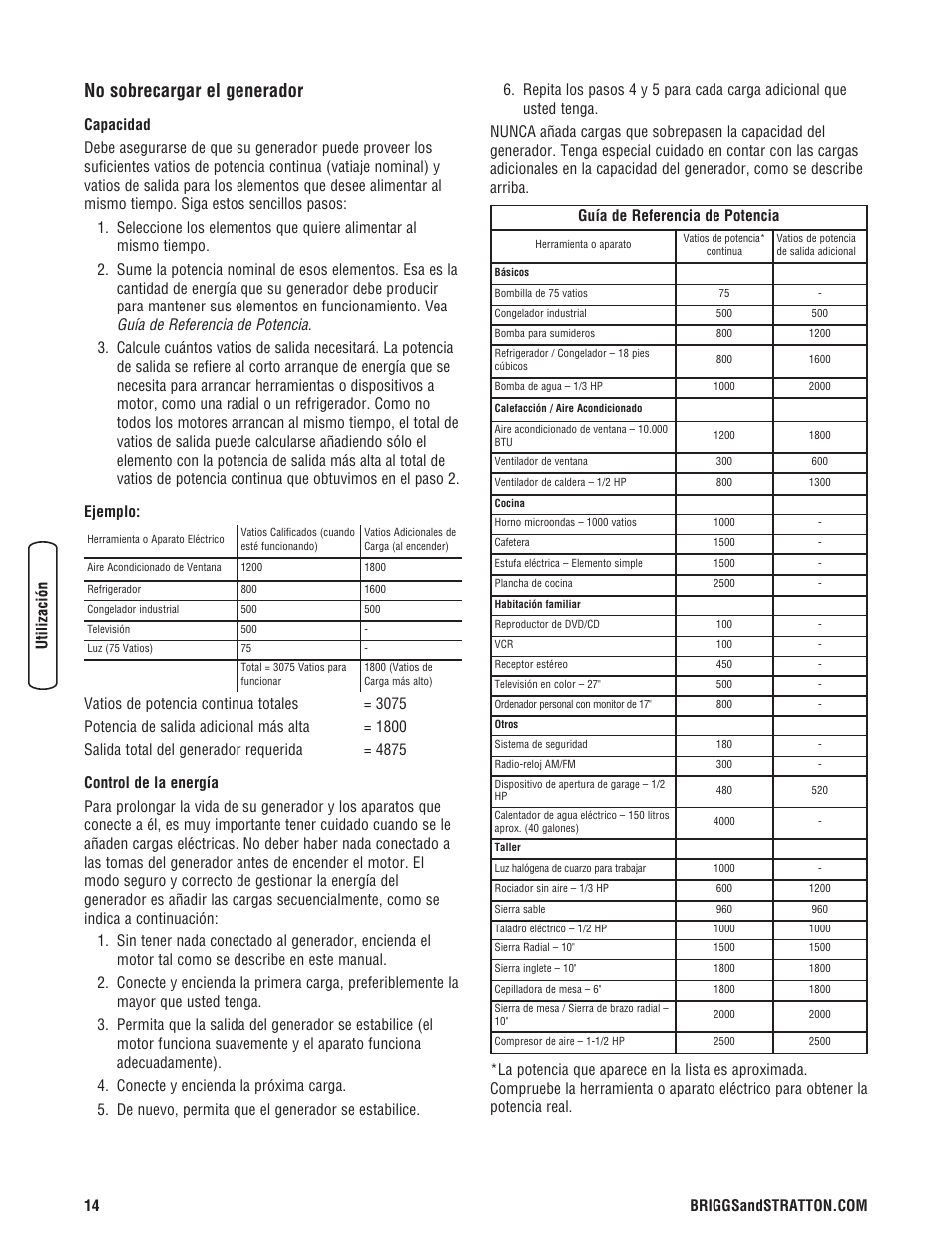 No sobrecargar el generador, Guía de referencia de potencia | Briggs & Stratton 5550 Watt User Manual | Page 38 / 48