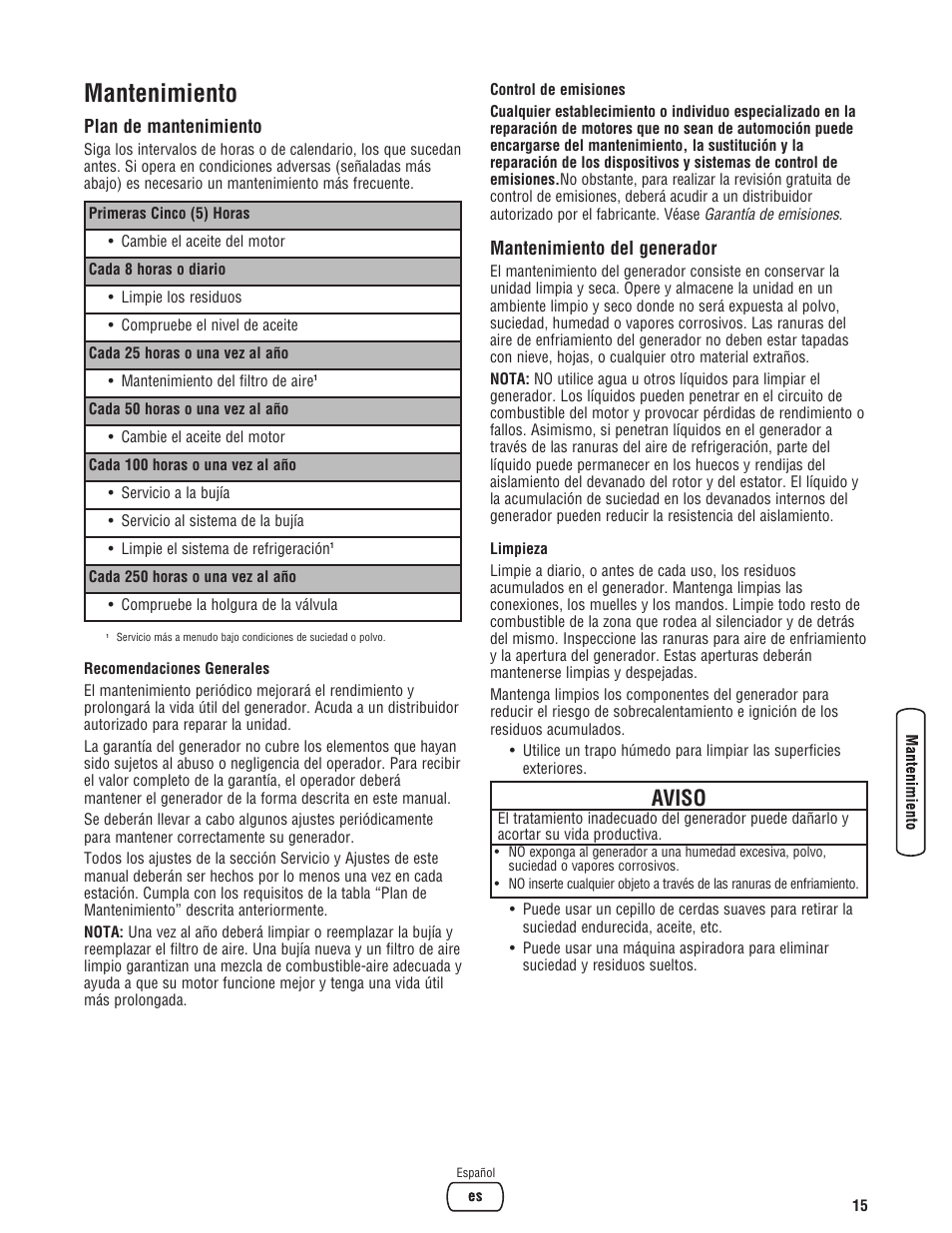 Mantenimiento, Aviso | Briggs & Stratton 5550 Watt User Manual | Page 39 / 48