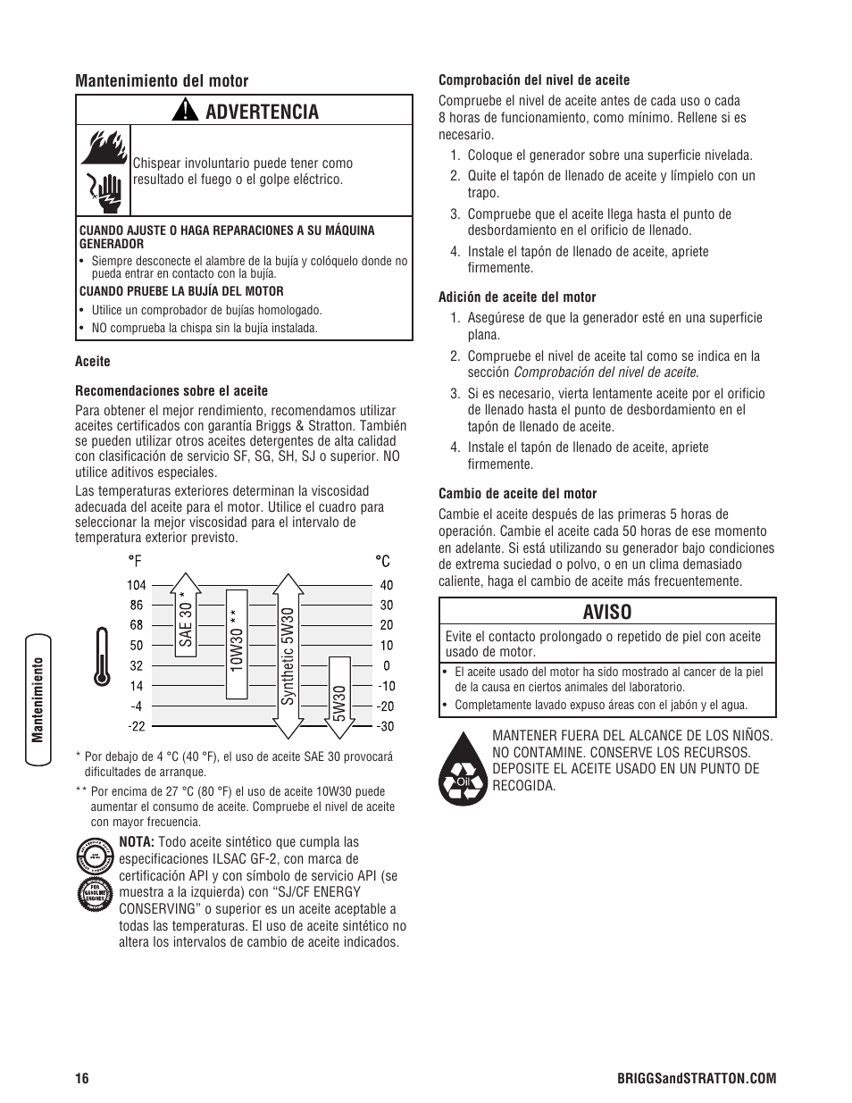 Advertencia, Aviso | Briggs & Stratton 5550 Watt User Manual | Page 40 / 48