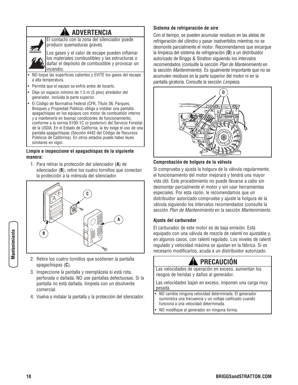 Advertencia, Precaución | Briggs & Stratton 5550 Watt User Manual | Page 42 / 48