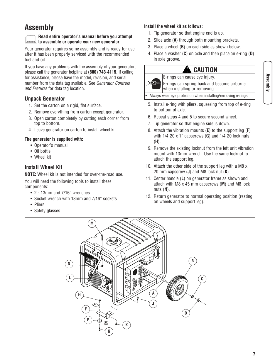 Assembly, Unpack generator install wheel kit, Caution | Briggs & Stratton 5550 Watt User Manual | Page 7 / 48