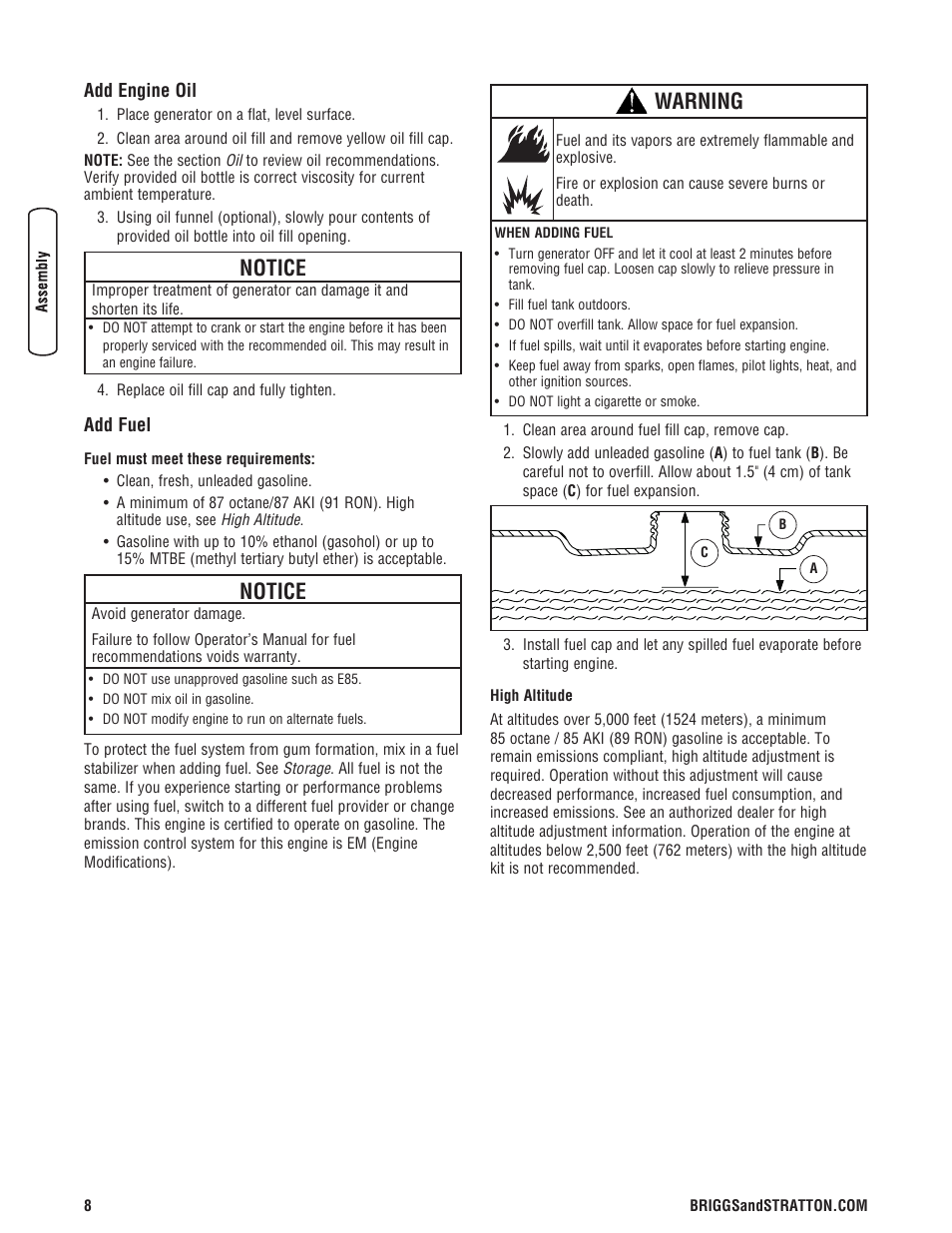 Add engine oil add fuel, Notice, Warning | Briggs & Stratton 5550 Watt User Manual | Page 8 / 48