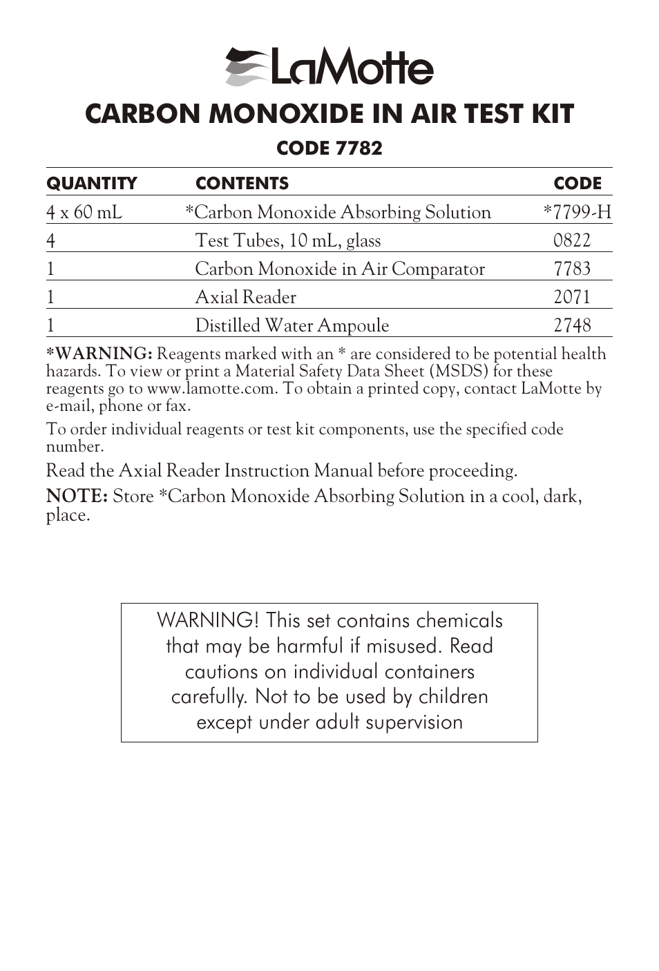 LaMotte CARBON MONOXIDE IN AIR TEST KIT User Manual | 4 pages