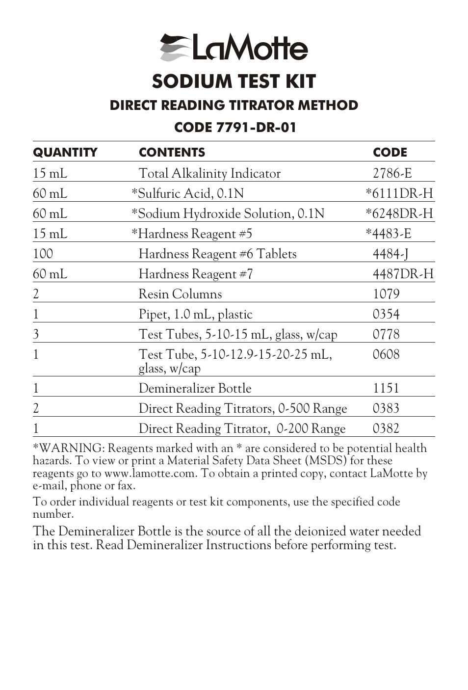 LaMotte SODIUM TEST KIT User Manual | 4 pages