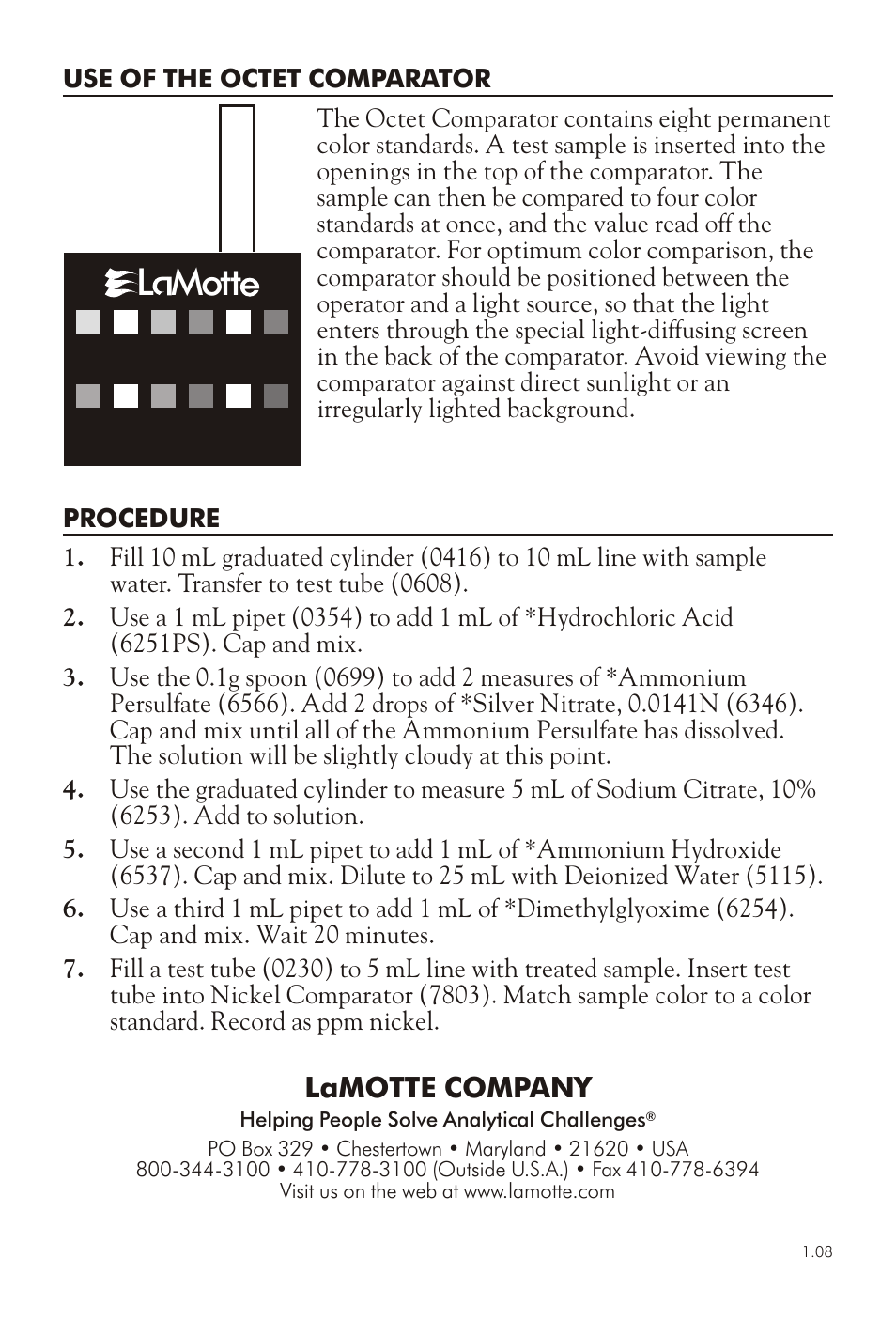 L mott, Lamotte com pany | LaMotte NICKEL TEST OUTFIT P-54 User Manual | Page 2 / 2