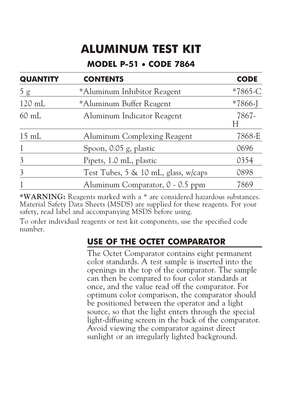 LaMotte ALUMINUM TEST KIT P-51 User Manual | 4 pages