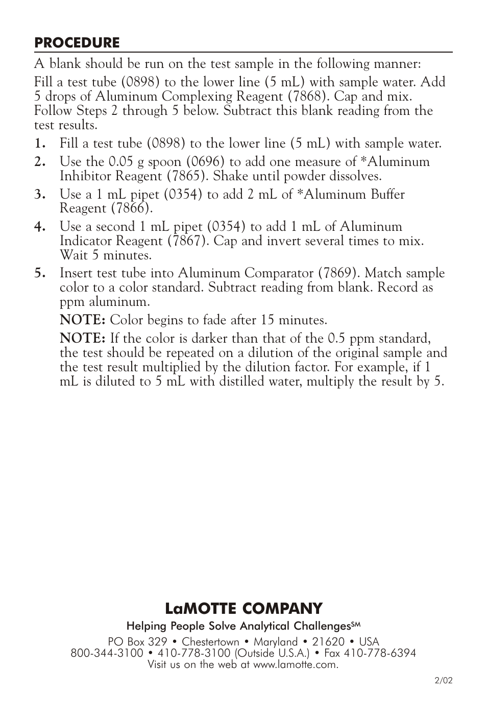 Lamotte com pany | LaMotte ALUMINUM TEST KIT P-51 User Manual | Page 2 / 4