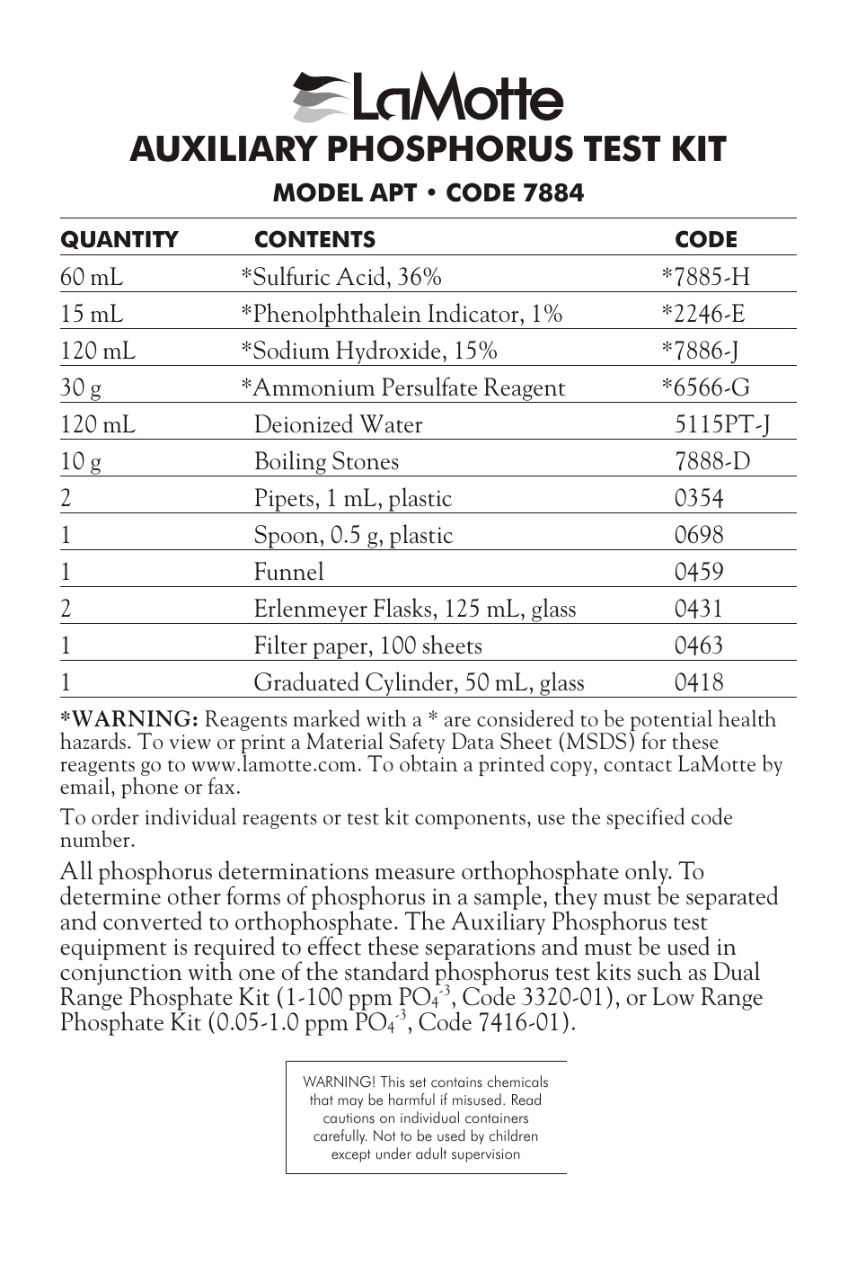 LaMotte AUXILIARY PHOSPHORUS TEST KIT APT User Manual | 4 pages