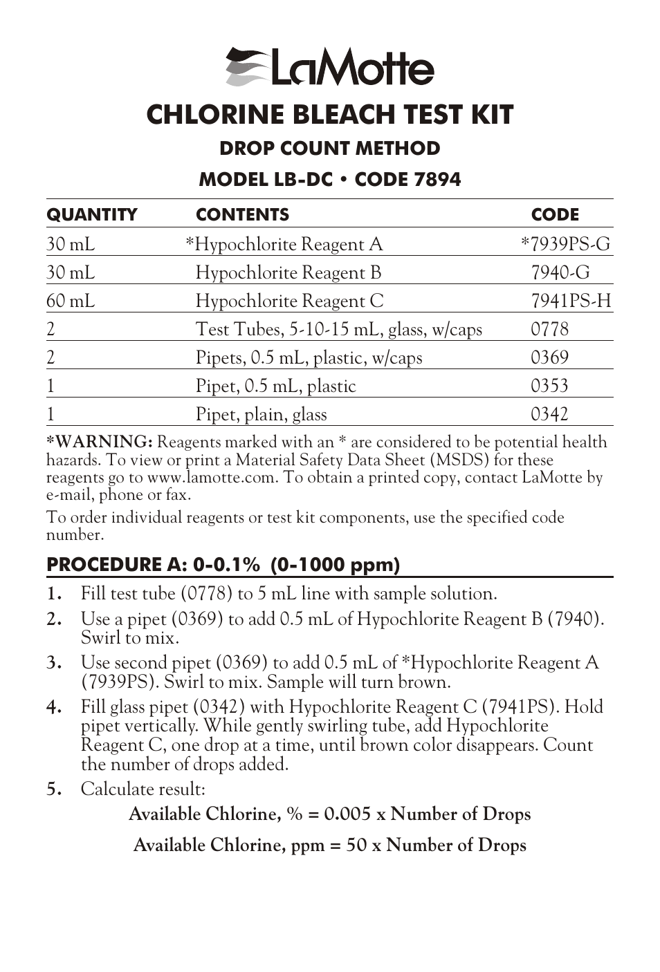 LaMotte CHLORINE BLEACH TEST KIT LB-DC User Manual | 2 pages