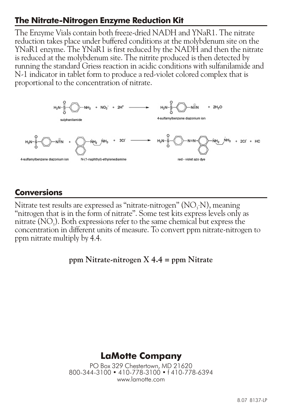 Lamotte com pany | LaMotte Nitrate-Nitrogen Enzyme Reduction Test Kit User Manual | Page 4 / 4