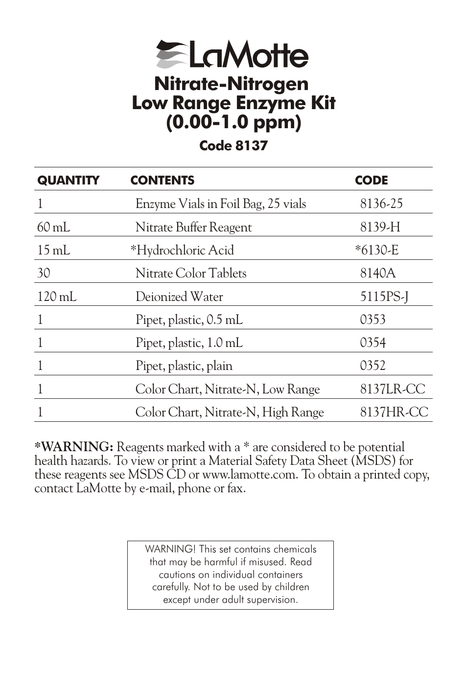 LaMotte Nitrate-Nitrogen Low Range Enzyme Kit User Manual | 8 pages