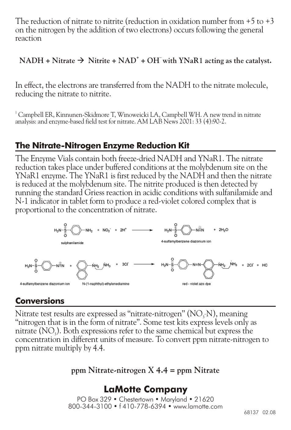 Lamotte com pany | LaMotte Nitrate-Nitrogen Low Range Enzyme Kit User Manual | Page 8 / 8