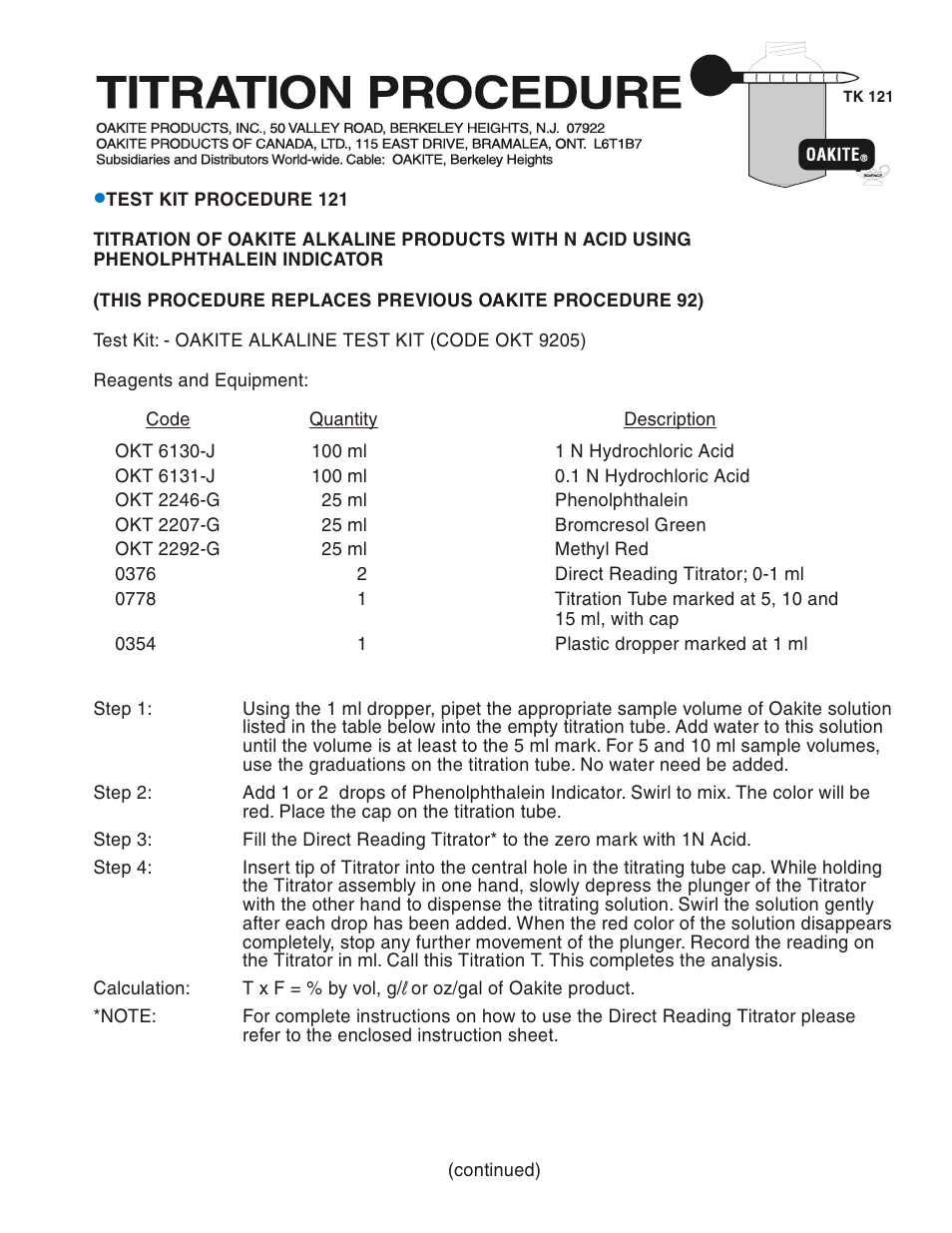 LaMotte OAKITE ALKALINE TEST KIT OKT 9205 User Manual | 16 pages