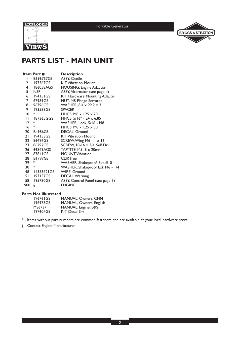 Parts list - main unit | Briggs & Stratton 030212 User Manual | Page 3 / 5