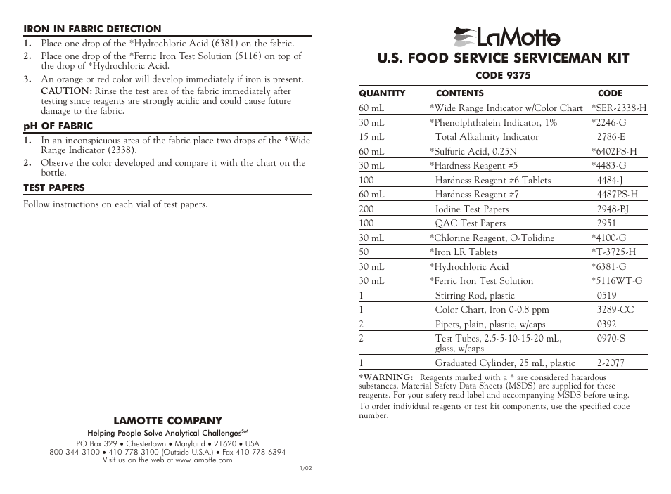 LaMotte FOOD SERVICE SERVICEMAN KIT User Manual | 2 pages