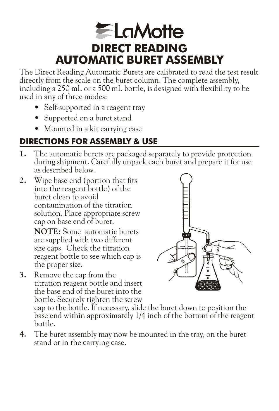 LaMotte DIRECT READING AUTOMATIC BURET ASSEMBLY User Manual | 2 pages