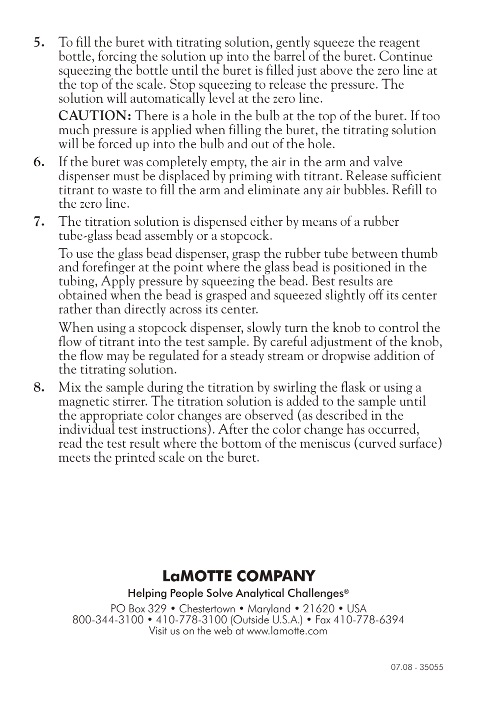 Lamotte com pany | LaMotte DIRECT READING AUTOMATIC BURET ASSEMBLY User Manual | Page 2 / 2