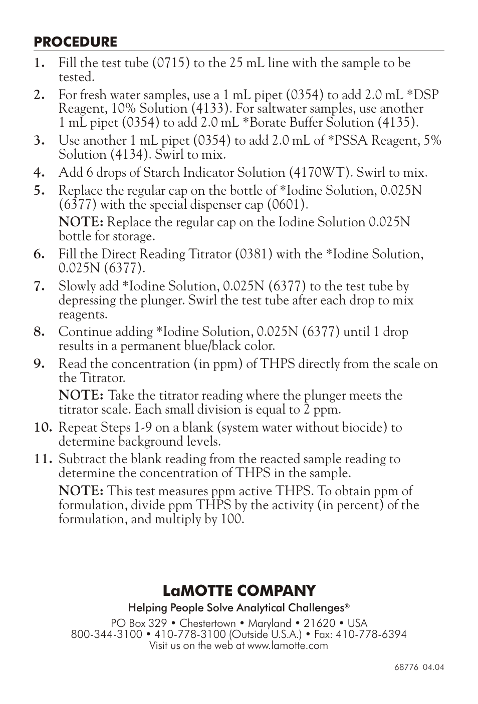 Lamotte com pany | LaMotte THPS in Tolcide® PS Biocides User Manual | Page 2 / 2