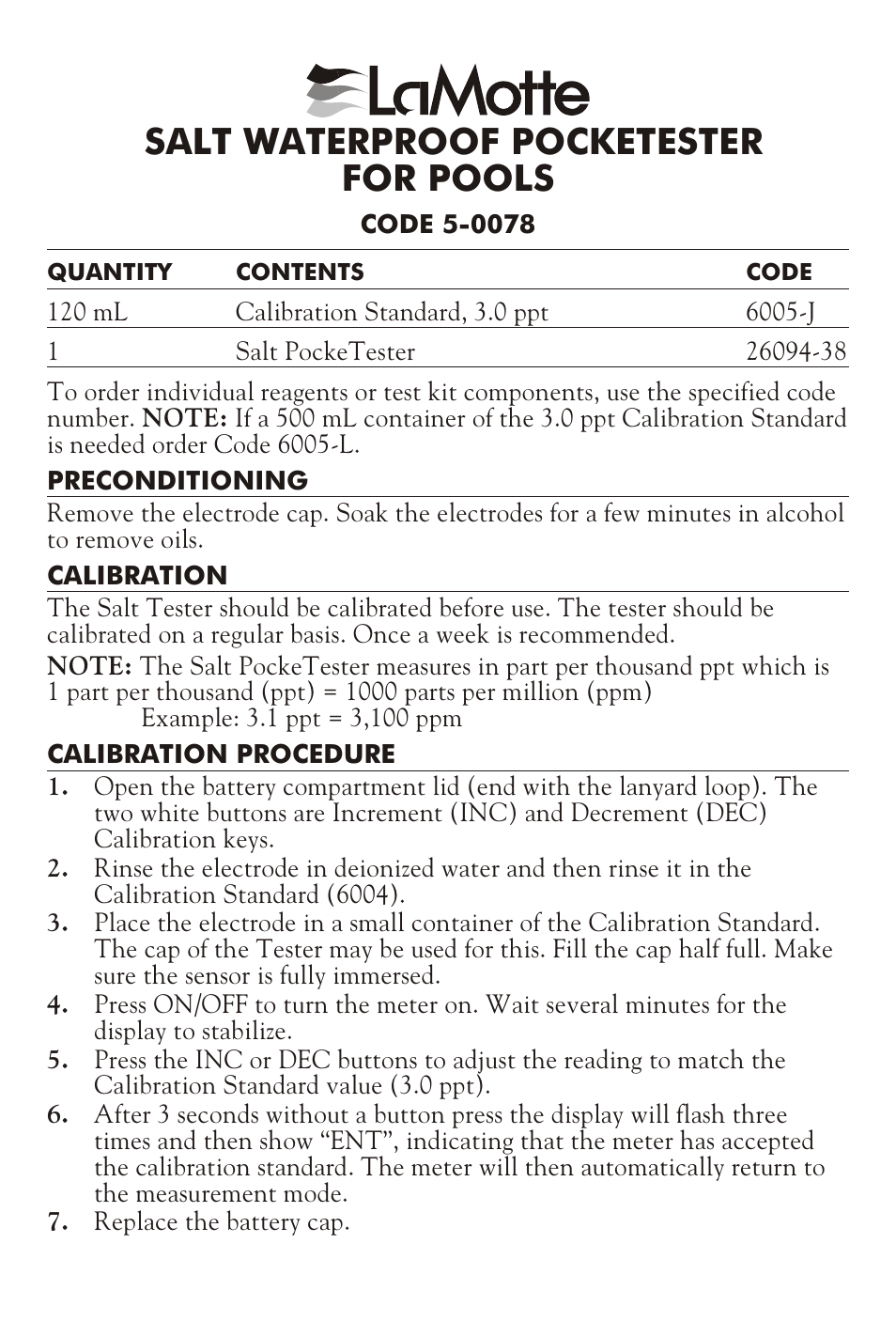 LaMotte SALT WATERPROOF POCKETESTER User Manual | 2 pages