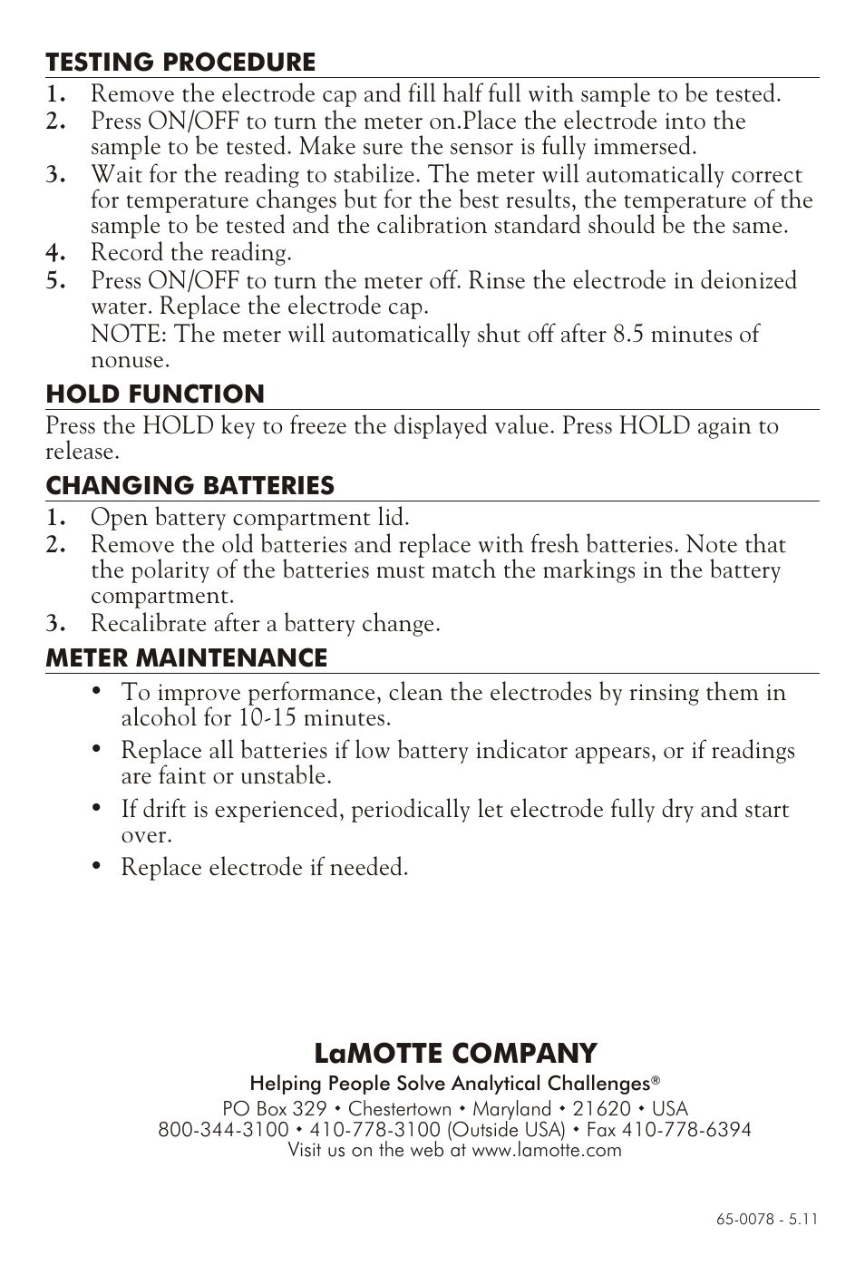 Lamotte company | LaMotte SALT WATERPROOF POCKETESTER User Manual | Page 2 / 2