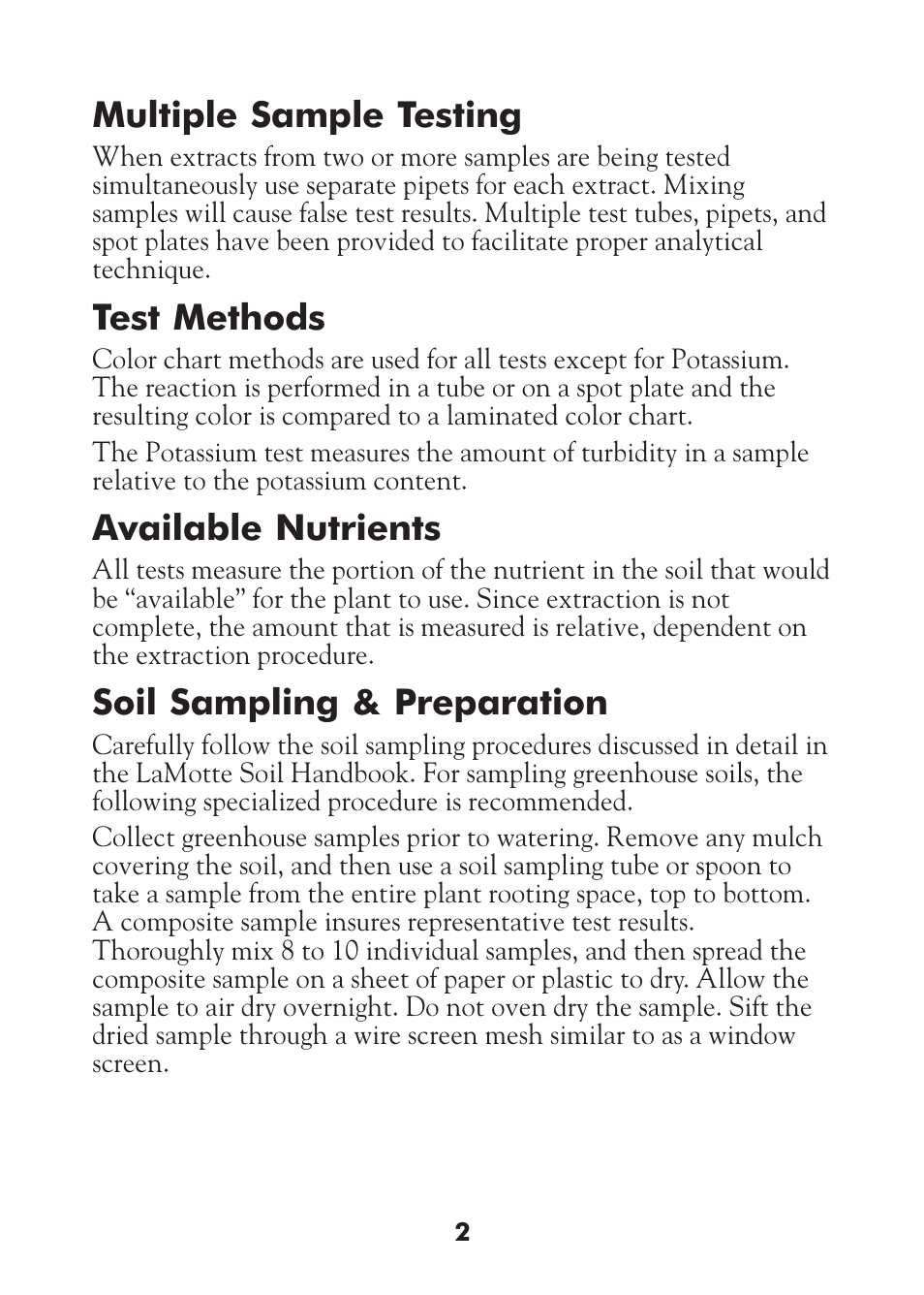 Multiple sample testing, Test methods, Available nutrients | Soil sampling & preparation | LaMotte STH Series User Manual | Page 4 / 29