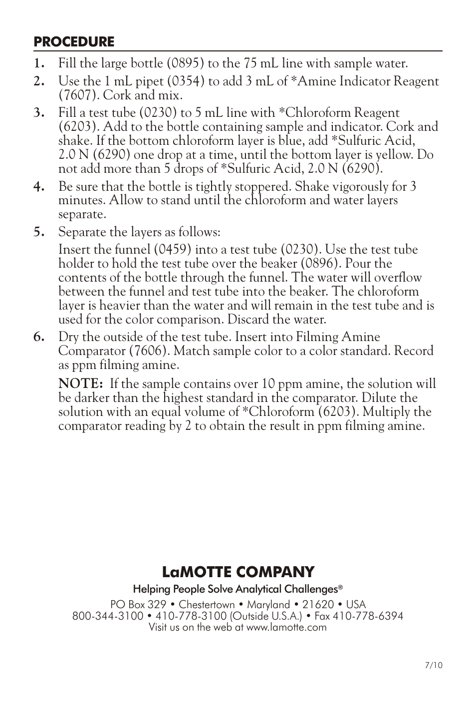 Lamotte com pany | LaMotte FILMING AMINE FMN User Manual | Page 2 / 2