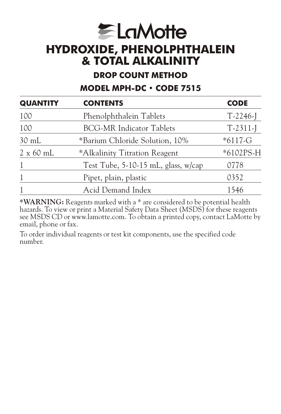 LaMotte HYDROXIDE, PHENOLPHTHALEIN & TOTAL ALKALINITY MPH-DC User Manual | 4 pages