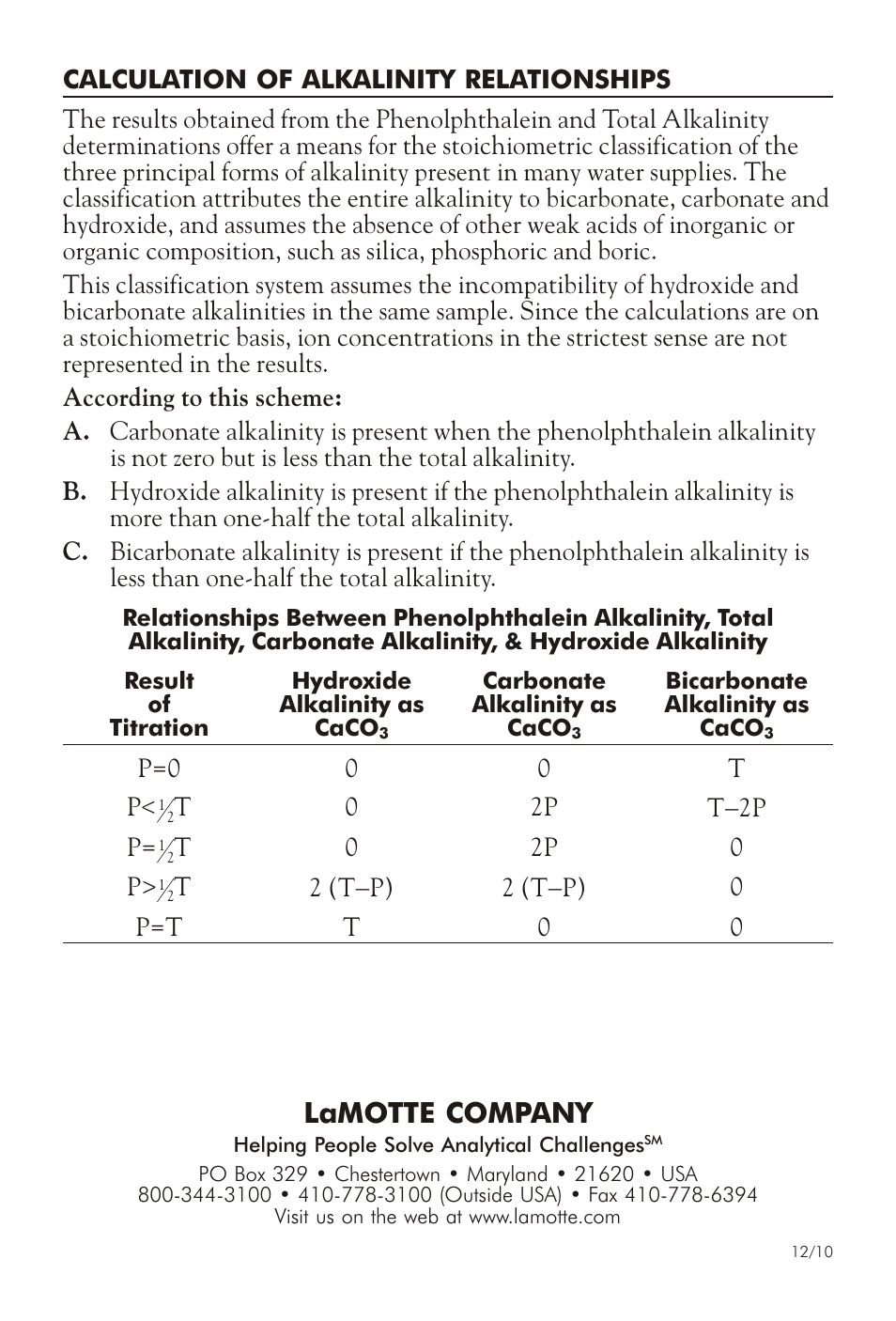 Lamotte com pany | LaMotte HYDROXIDE, PHENOLPHTHALEIN & TOTAL ALKALINITY MPH-DC User Manual | Page 4 / 4