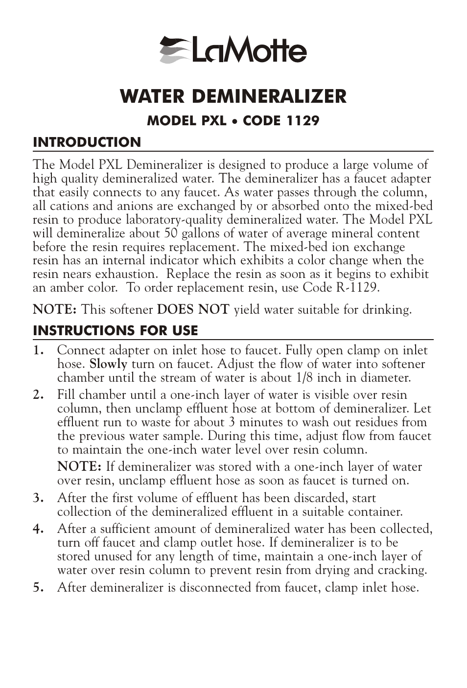 LaMotte WATER DEMINERALIZER PXL 1129 User Manual | 4 pages