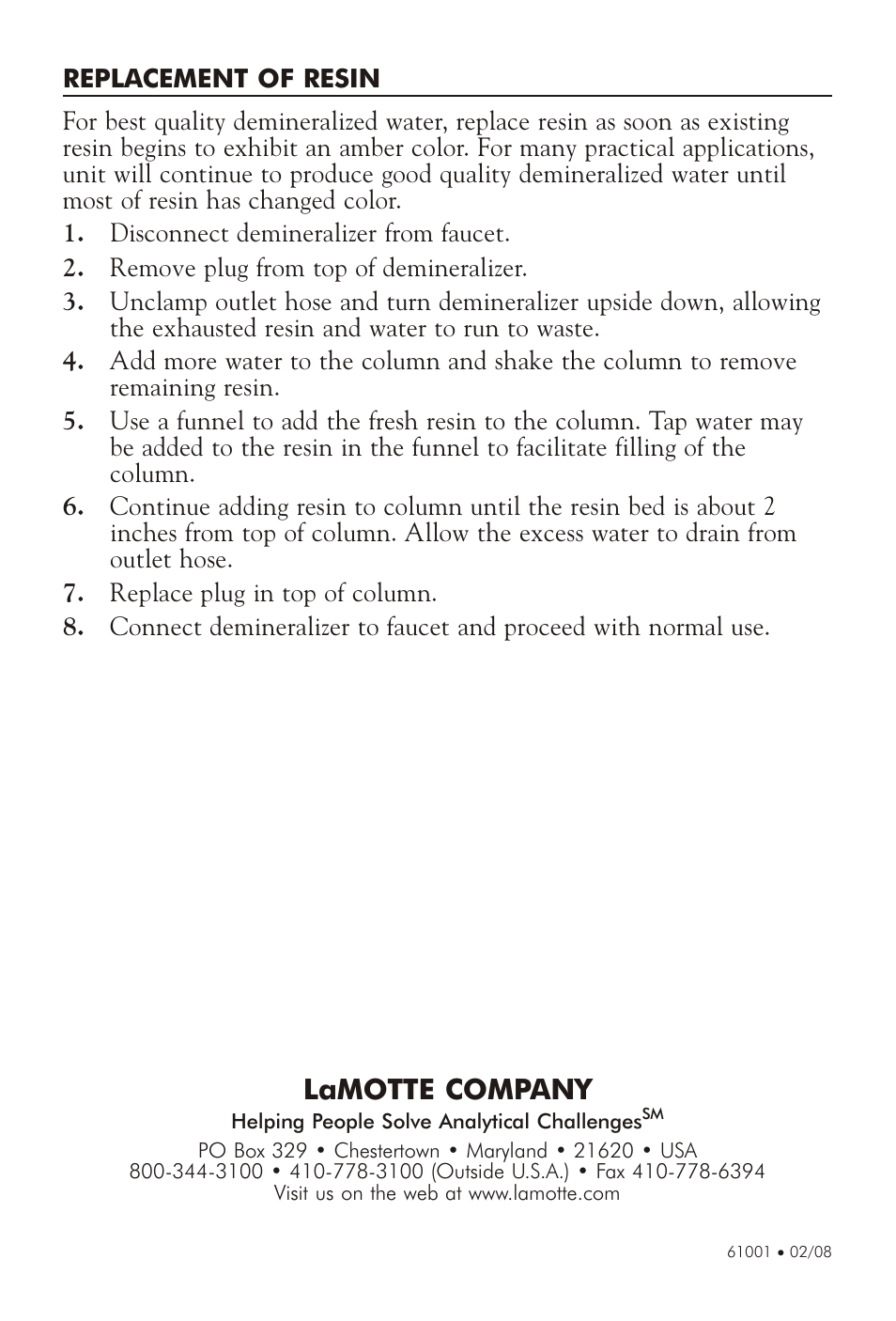 Lamotte com pany | LaMotte WATER DEMINERALIZER PXL 1129 User Manual | Page 2 / 4