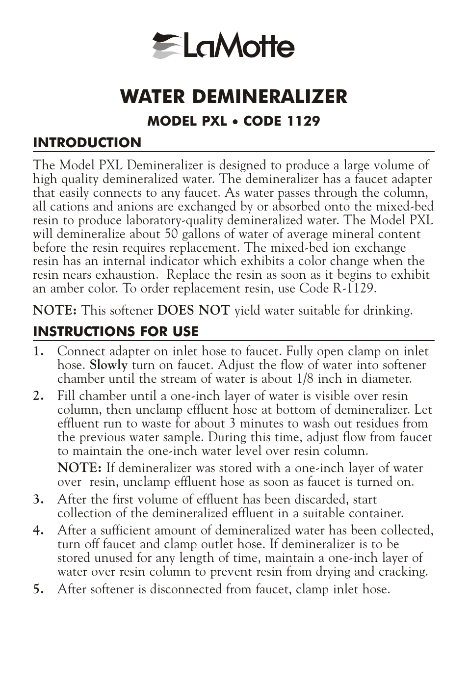 L mott, Wa ter demineralizer | LaMotte WATER DEMINERALIZER PXL 1129 User Manual | Page 3 / 4