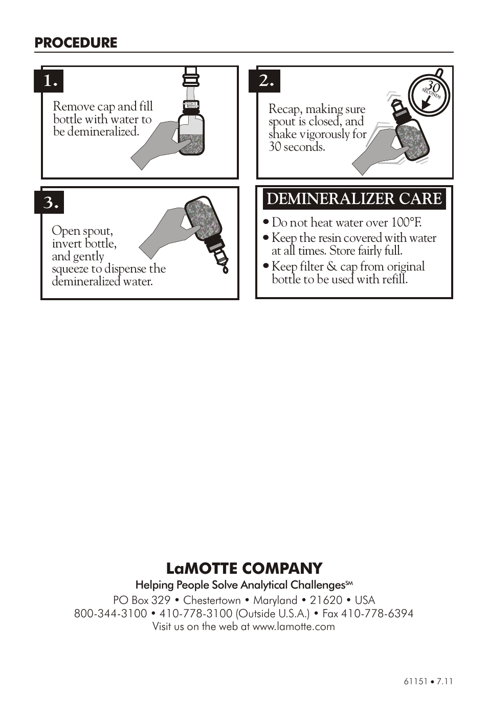 Demineralizer care, Lamotte com pany | LaMotte DEMINERALIZER BOTTLES User Manual | Page 2 / 2