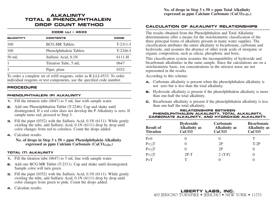LaMotte ALKALINITY TOTAL & PHENOLPHTHALEIN LLI 4533 User Manual | 2 pages
