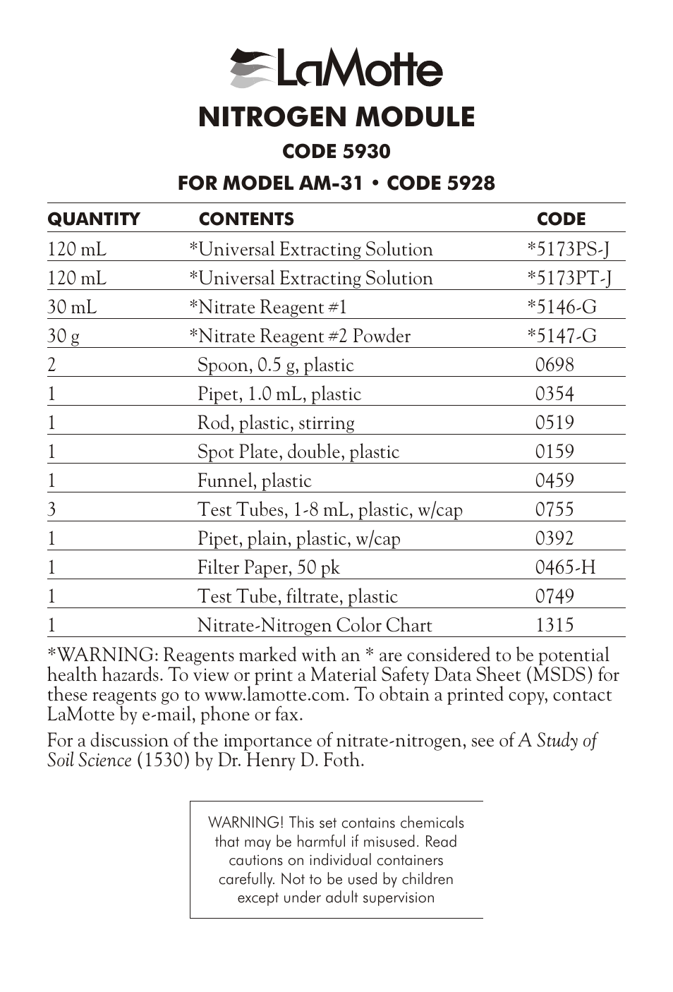 LaMotte NITROGEN MODULE AM-31 User Manual | 4 pages