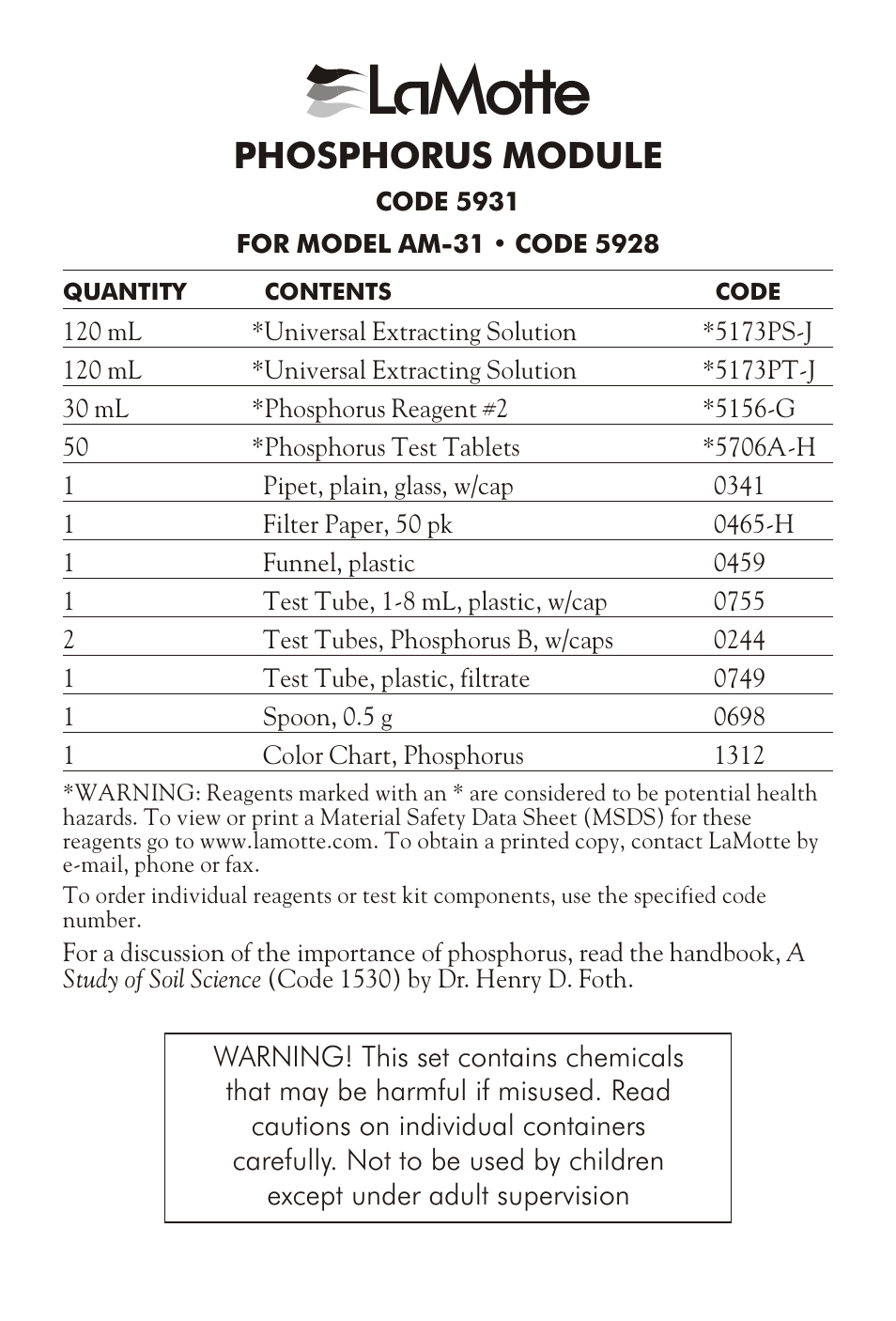 LaMotte PHOSPHORUS MODULE AM-31 User Manual | 4 pages