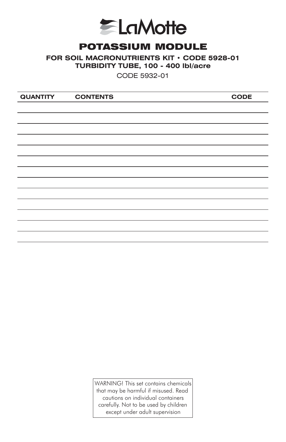 LaMotte POTASSIUM MODULE FOR SOIL MACRONUTRIENTS KIT User Manual | 2 pages