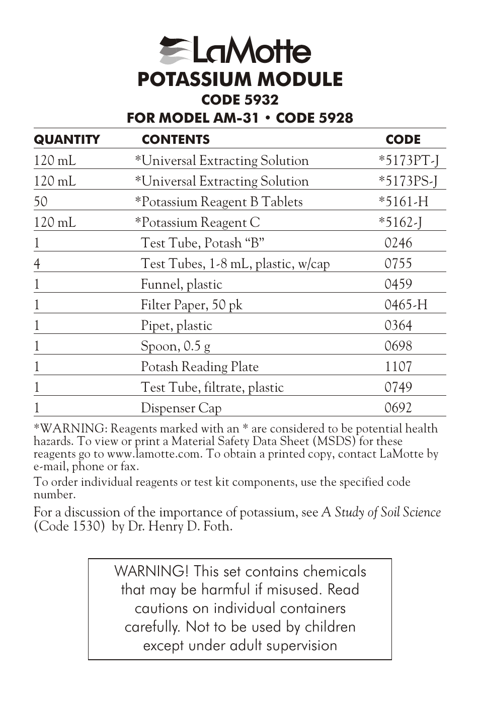 LaMotte POTASSIUM MODULE AM-31 User Manual | 6 pages