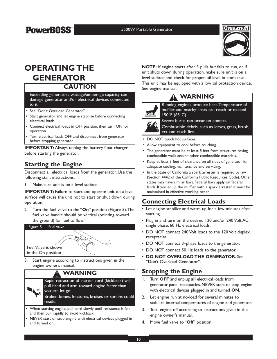 Operating the generator, Starting the engine, Connecting electrical loads | Stopping the engine, Caution, Warning | Briggs & Stratton PowerBoss 30211 User Manual | Page 10 / 32