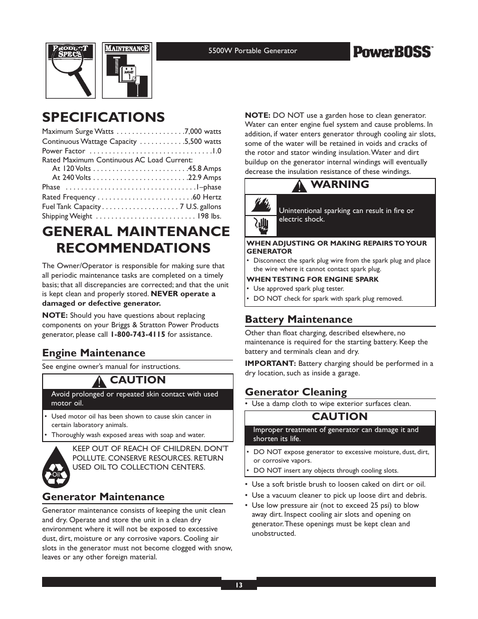 Specifications, General maintenance recommendations, Engine maintenance | Generator maintenance, Battery maintenance, Generator cleaning, Caution, Warning | Briggs & Stratton PowerBoss 30211 User Manual | Page 13 / 32