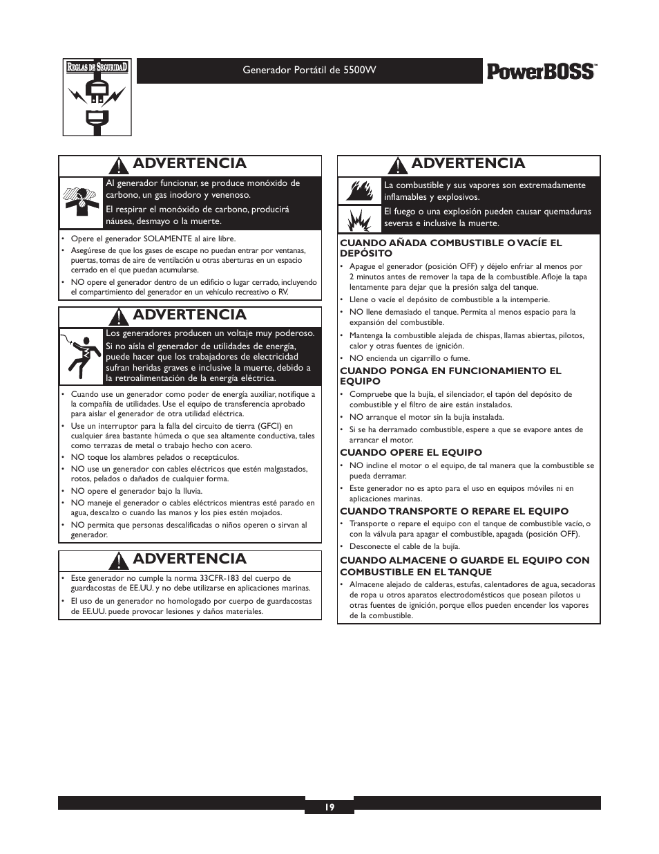 Advertencia | Briggs & Stratton PowerBoss 30211 User Manual | Page 19 / 32