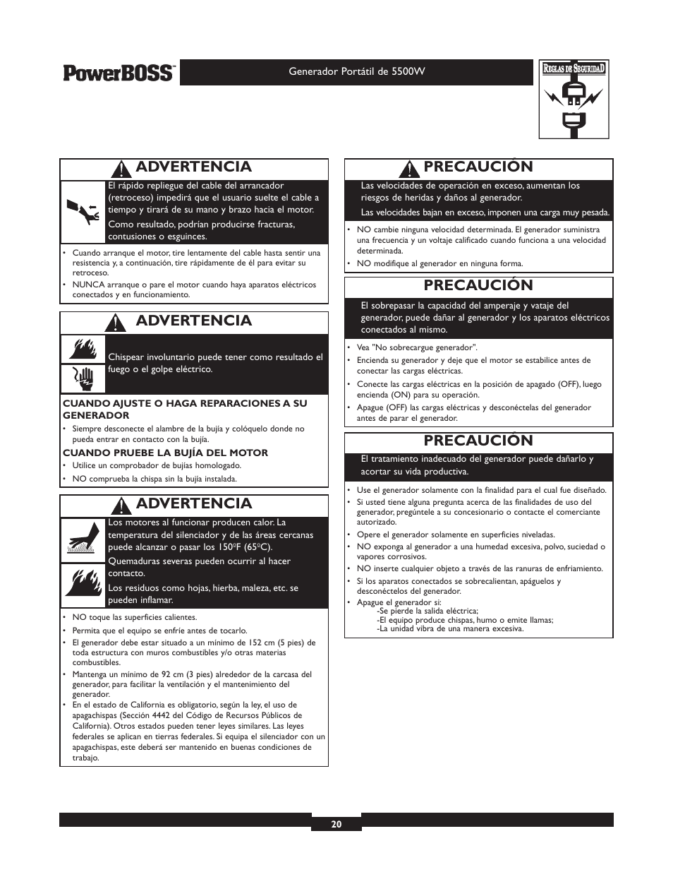 Precaución, Advertencia | Briggs & Stratton PowerBoss 30211 User Manual | Page 20 / 32