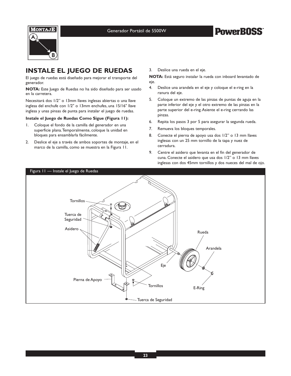 Instale el juego de ruedas | Briggs & Stratton PowerBoss 30211 User Manual | Page 23 / 32