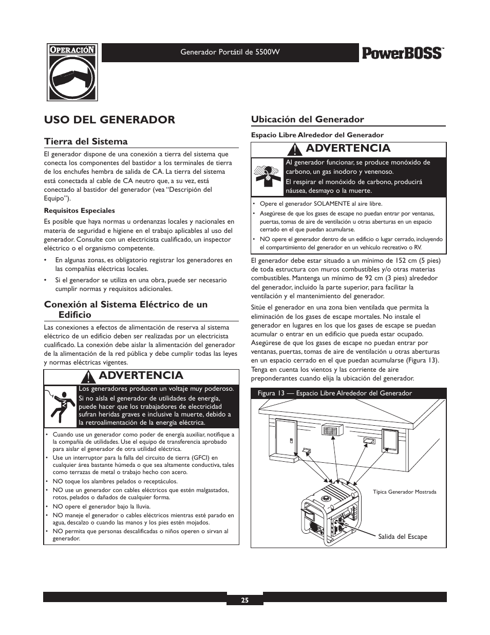 Uso del generador, Advertencia, Tierra del sistema | Conexión al sistema eléctrico de un edificio, Ubicación del generador | Briggs & Stratton PowerBoss 30211 User Manual | Page 25 / 32