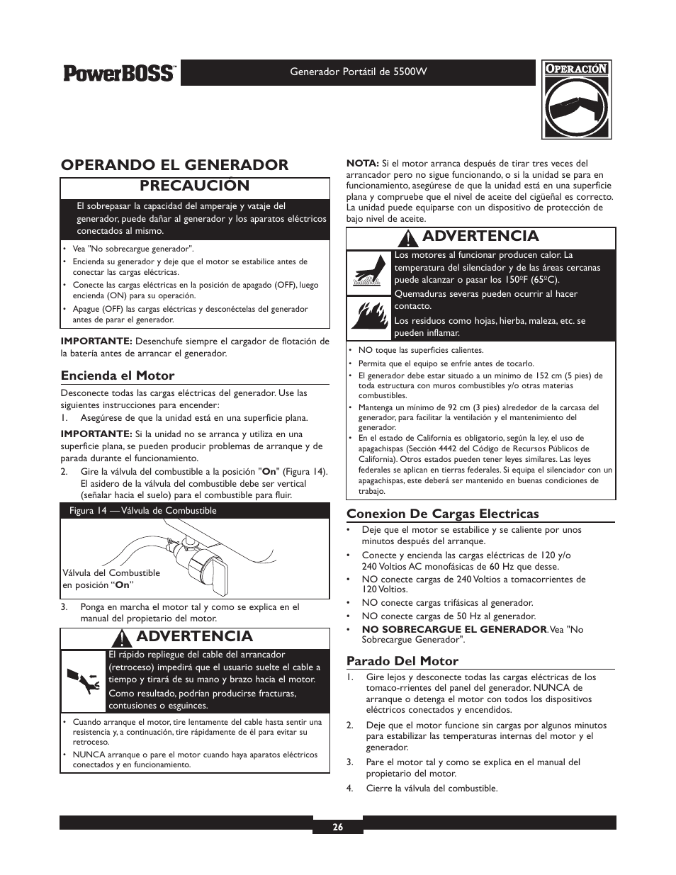 Operando el generador, Precaución, Advertencia | Encienda el motor, Conexion de cargas electricas, Parado del motor | Briggs & Stratton PowerBoss 30211 User Manual | Page 26 / 32