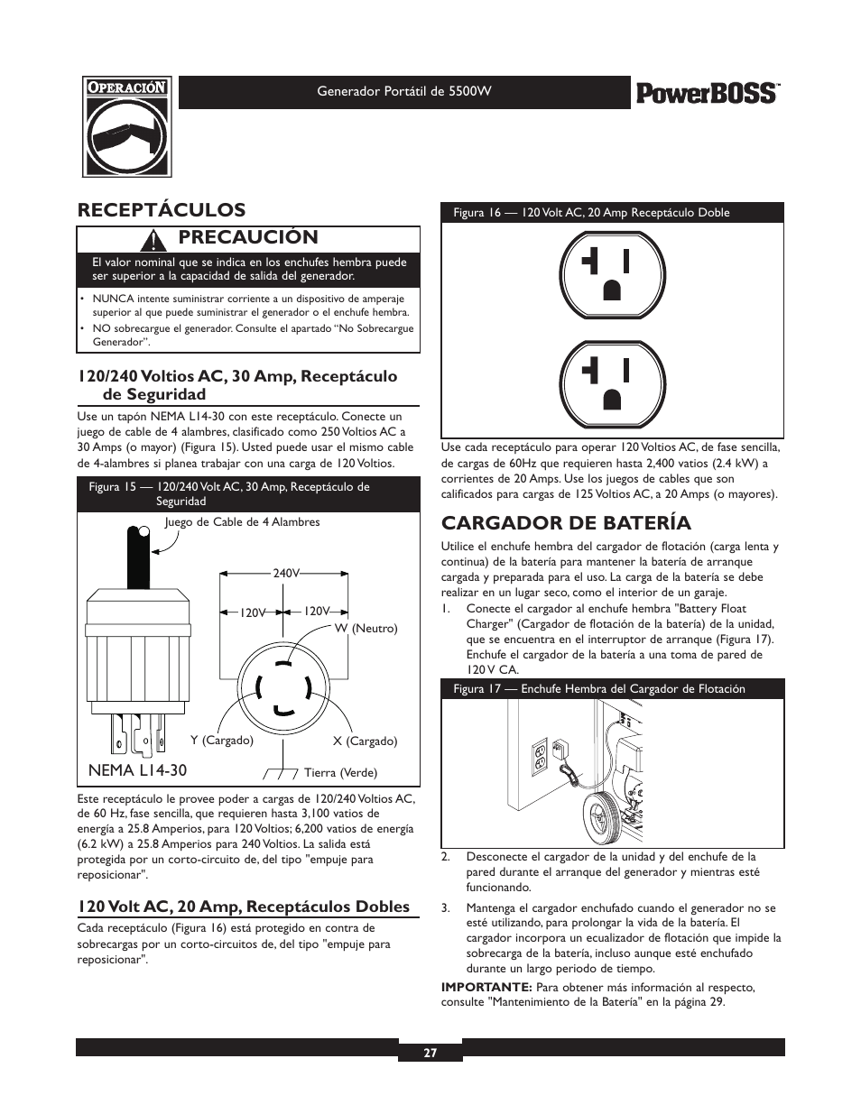 Receptáculos, Cargador de batería, Precaución | Briggs & Stratton PowerBoss 30211 User Manual | Page 27 / 32