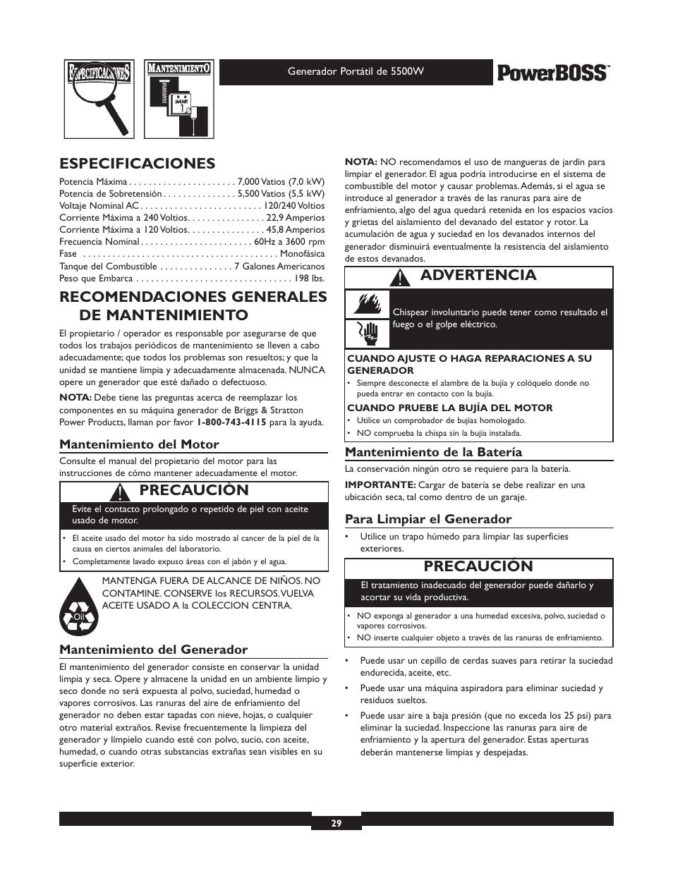 Especificaciones, Recomendaciones generales de mantenimiento, Precaución | Advertencia | Briggs & Stratton PowerBoss 30211 User Manual | Page 29 / 32