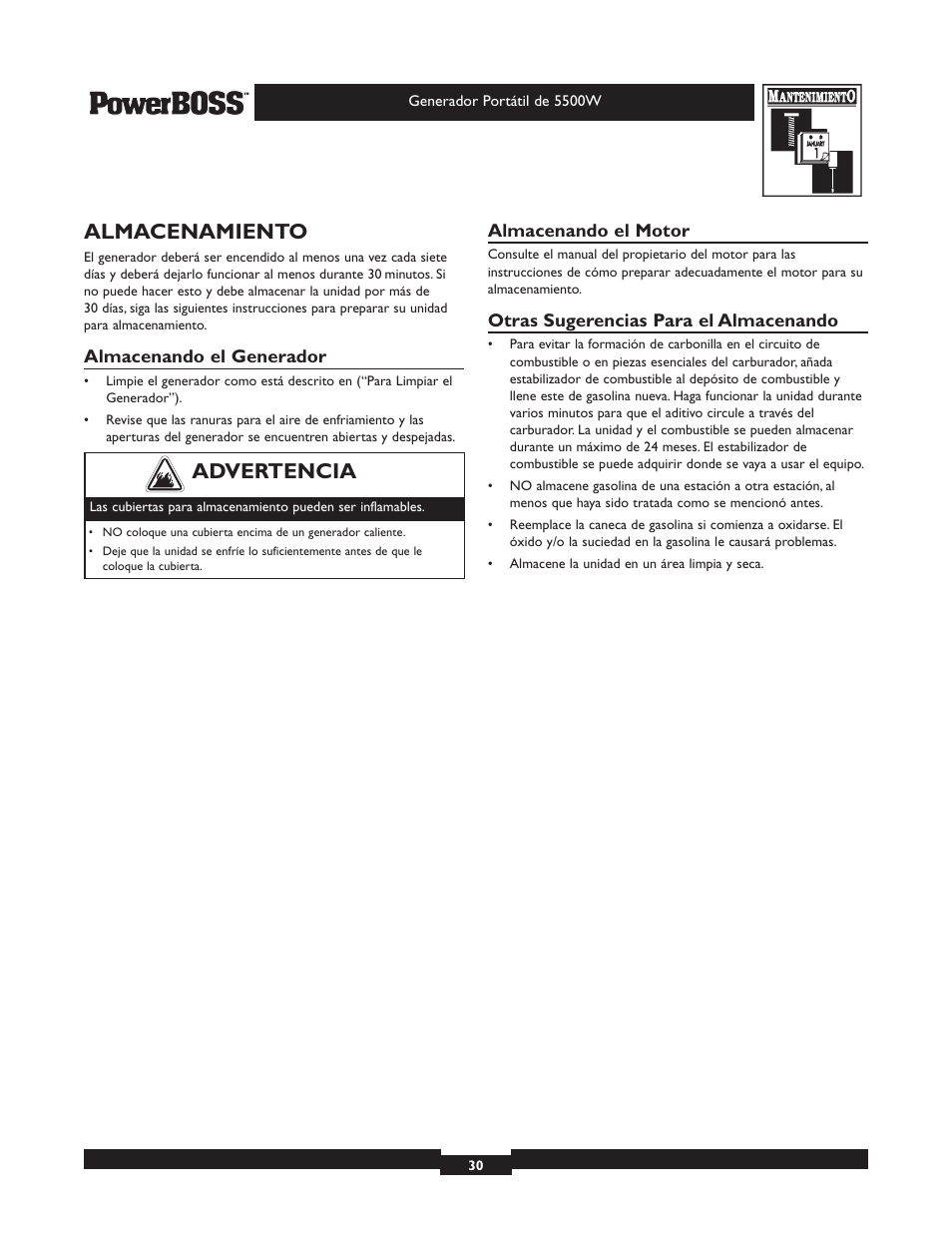 Almacenamiento, Advertencia | Briggs & Stratton PowerBoss 30211 User Manual | Page 30 / 32