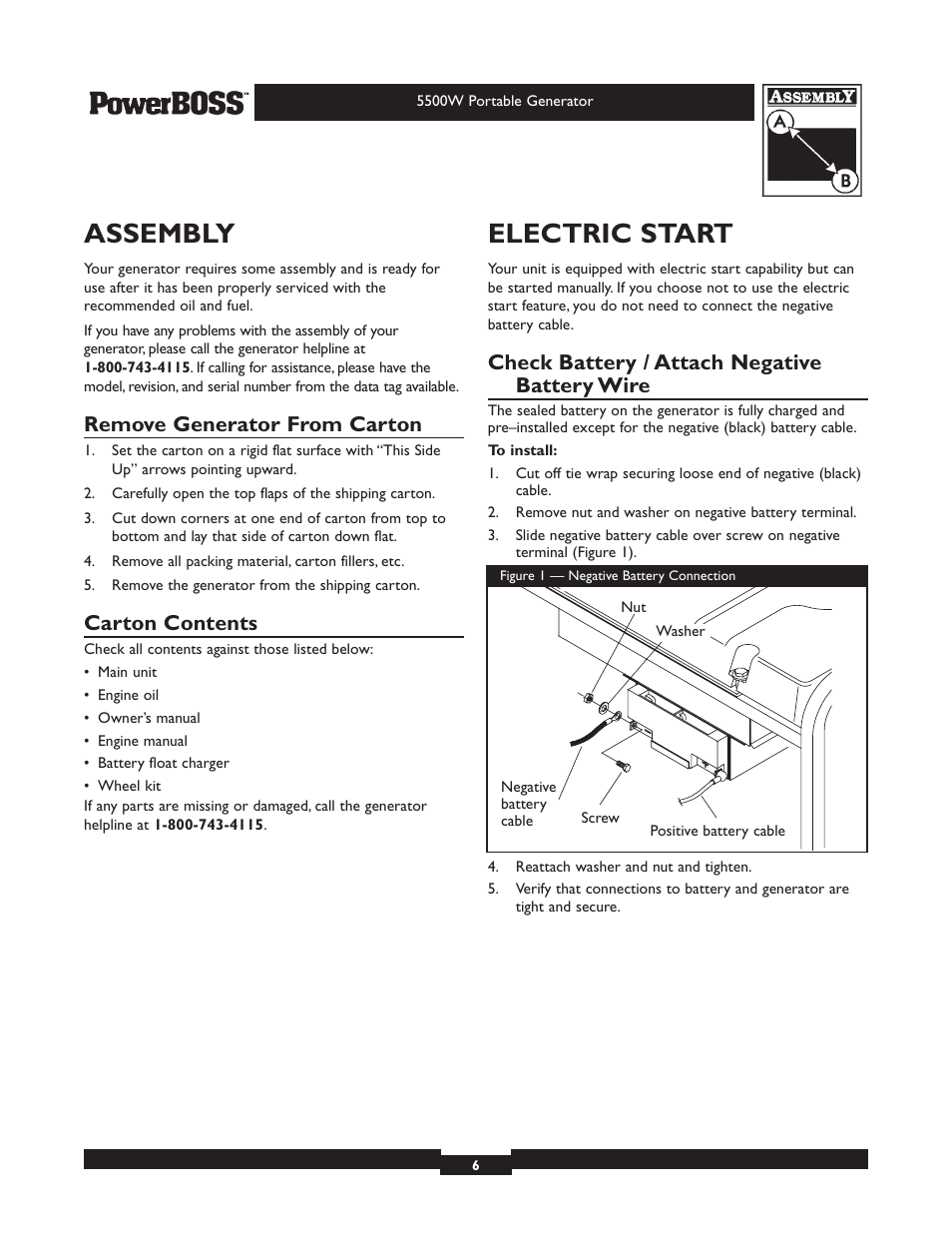 Assembly, Electric start, Remove generator from carton | Carton contents, Check battery / attach negative battery wire | Briggs & Stratton PowerBoss 30211 User Manual | Page 6 / 32