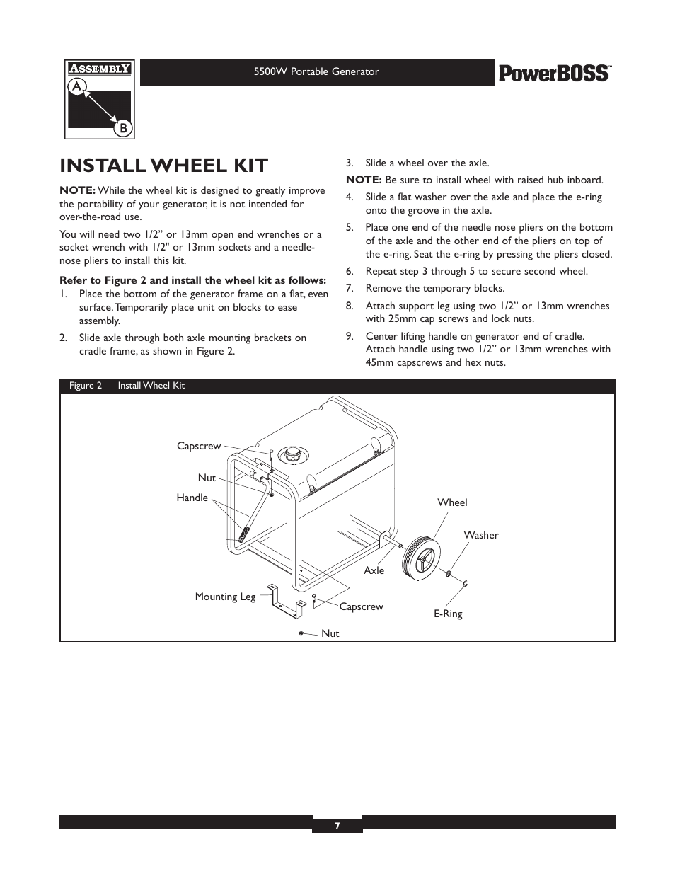 Install wheel kit | Briggs & Stratton PowerBoss 30211 User Manual | Page 7 / 32