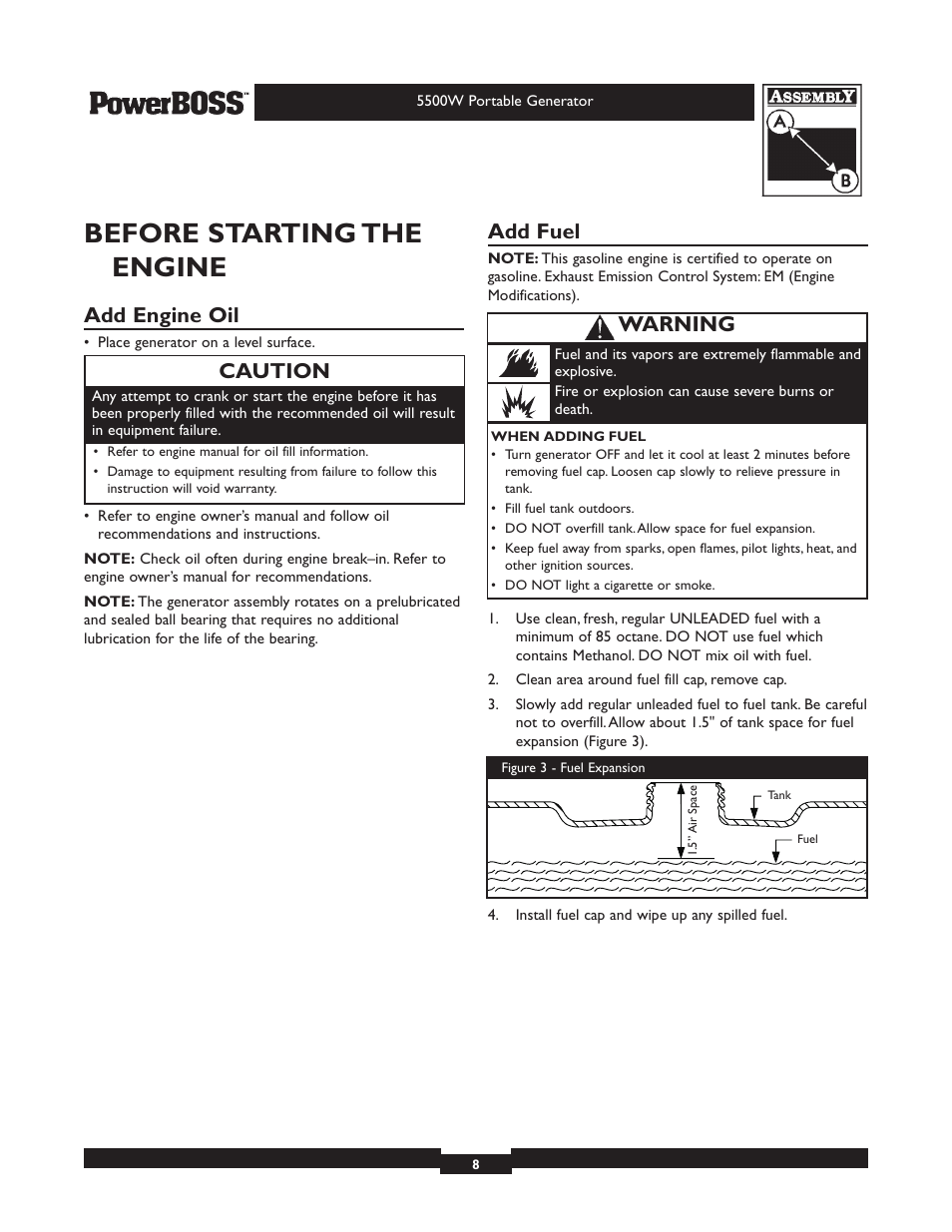 Before starting the engine, Add engine oil, Add fuel | Caution, Warning | Briggs & Stratton PowerBoss 30211 User Manual | Page 8 / 32